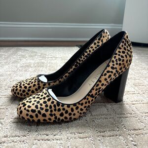 SOLE Society Giselle Cheetah Pumps 9.5 Animal Print Stacked Block Heel Calf Hair